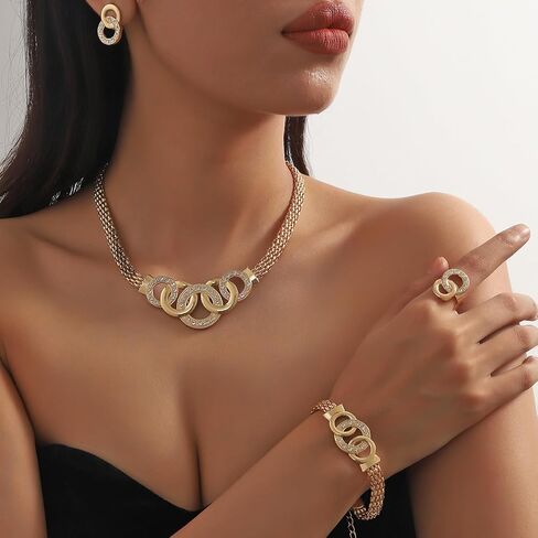 Gold Rhinestone Jewelry Set for Women Chunky Gold Rhinestone Necklace Bracelet Earrings Ring Bridal Wedding Jewelry Set in Kuwait