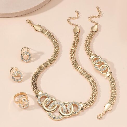Gold Rhinestone Jewelry Set for Women Chunky Gold Rhinestone Necklace Bracelet Earrings Ring Bridal Wedding Jewelry Set in Kuwait