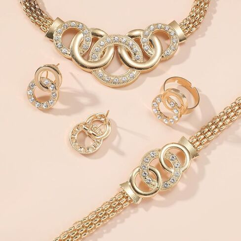 Gold Rhinestone Jewelry Set for Women Chunky Gold Rhinestone Necklace Bracelet Earrings Ring Bridal Wedding Jewelry Set in Kuwait
