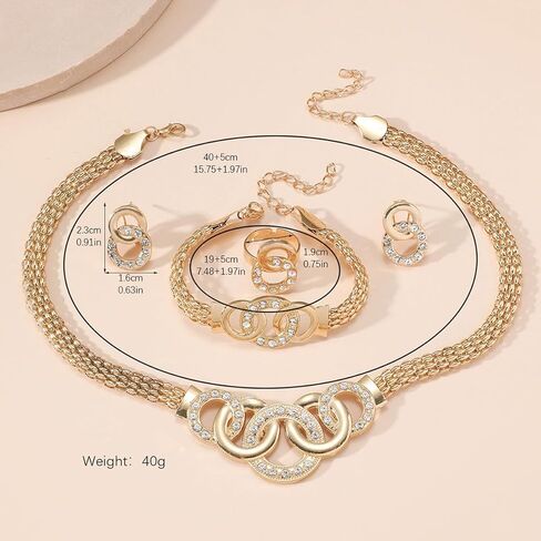 Gold Rhinestone Jewelry Set for Women Chunky Gold Rhinestone Necklace Bracelet Earrings Ring Bridal Wedding Jewelry Set in Kuwait