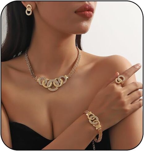 Gold Rhinestone Jewelry Set for Women Chunky Gold Rhinestone Necklace Bracelet Earrings Ring Bridal Wedding Jewelry Set in Kuwait