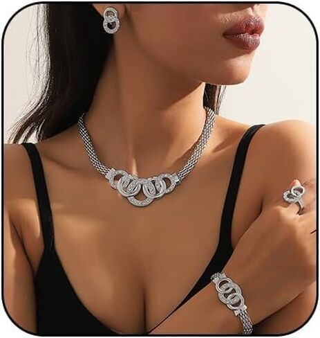 Gold Rhinestone Jewelry Set for Women Chunky Gold Rhinestone Necklace Bracelet Earrings Ring Bridal Wedding Jewelry Set in Kuwait