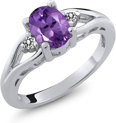 Gem Stone King 3-Stone Engagement Ring For Women | 925 Sterling Silver | Gemstone Birthstone and Diamond | Oval 8X6MM and Round 2MM | Three Stone Wedding Anniversary Promise Ring | Sizes 5-9 in Saudi Arabia
