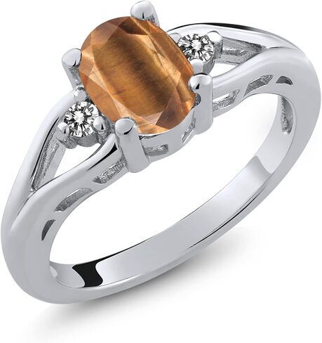 Gem Stone King 3-Stone Engagement Ring For Women | 925 Sterling Silver | Gemstone Birthstone and Diamond | Oval 8X6MM and Round 2MM | Three Stone Wedding Anniversary Promise Ring | Sizes 5-9 in Saudi Arabia