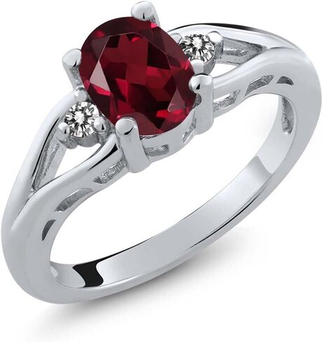 Gem Stone King 3-Stone Engagement Ring For Women | 925 Sterling Silver | Gemstone Birthstone and Diamond | Oval 8X6MM and Round 2MM | Three Stone Wedding Anniversary Promise Ring | Sizes 5-9 in Saudi Arabia