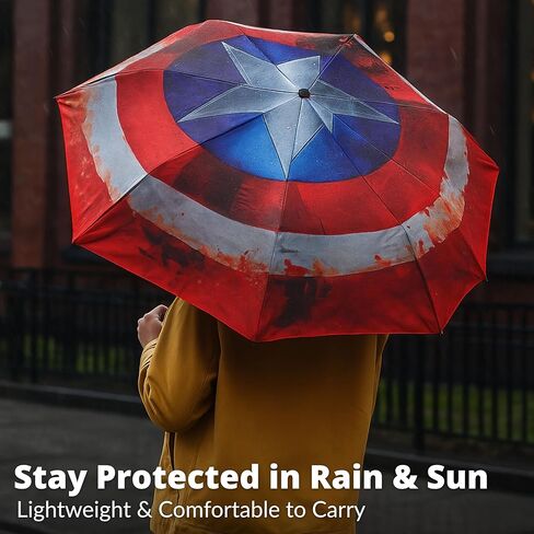 Marvel Civil War Superhero Shield Umbrella –Compact Foldable Travel Umbrella for Boys & Girls –Lightweight Mini Size with UV Sun & Rain Protection Automatic Open & Close with Safe Snap Strap in Saudi Arabia
