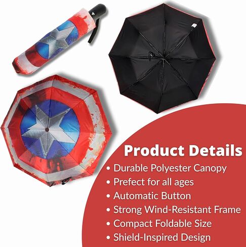 Marvel Civil War Superhero Shield Umbrella –Compact Foldable Travel Umbrella for Boys & Girls –Lightweight Mini Size with UV Sun & Rain Protection Automatic Open & Close with Safe Snap Strap in Saudi Arabia