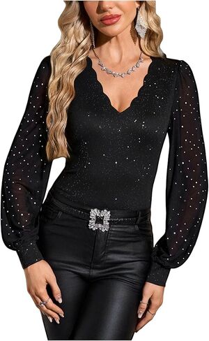 MakeMeChic Women's Lace Long Sleeve Tops Sheer Mesh Scallop Trim V Neck Blouse Shirt in Kuwait