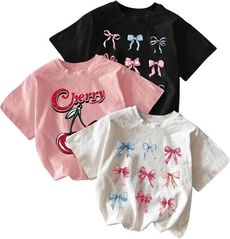 QJQ Girl's 3 Piece Set Bow Cherry Graphic T Shirts Short Sleeve Crewneck Tees Summer Trendy Preppy Cute Tops Clothes in Saudi Arabia