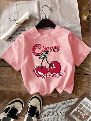 QJQ Girl's 3 Piece Set Bow Cherry Graphic T Shirts Short Sleeve Crewneck Tees Summer Trendy Preppy Cute Tops Clothes in Saudi Arabia