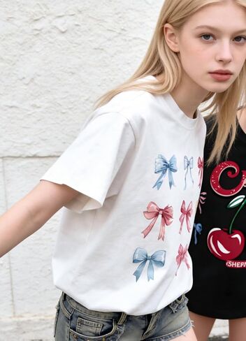 QJQ Girl's 3 Piece Set Bow Cherry Graphic T Shirts Short Sleeve Crewneck Tees Summer Trendy Preppy Cute Tops Clothes in Saudi Arabia