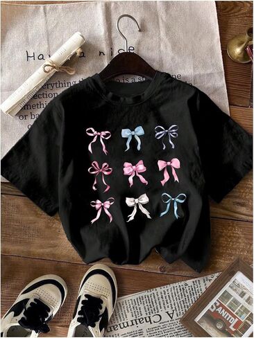 QJQ Girl's 3 Piece Set Bow Cherry Graphic T Shirts Short Sleeve Crewneck Tees Summer Trendy Preppy Cute Tops Clothes in Saudi Arabia