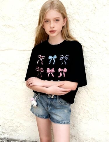 QJQ Girl's 3 Piece Set Bow Cherry Graphic T Shirts Short Sleeve Crewneck Tees Summer Trendy Preppy Cute Tops Clothes in Saudi Arabia