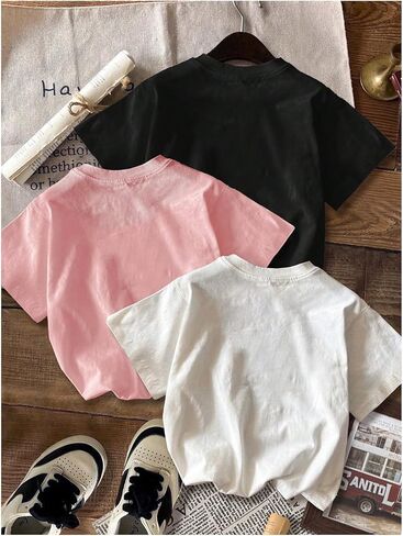 QJQ Girl's 3 Piece Set Bow Cherry Graphic T Shirts Short Sleeve Crewneck Tees Summer Trendy Preppy Cute Tops Clothes in Saudi Arabia