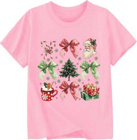 Christmas Shirts for Girls Xmas Santa Graphic Tshirts Cotton Short Sleeve Tee 2-12 Years in Saudi Arabia