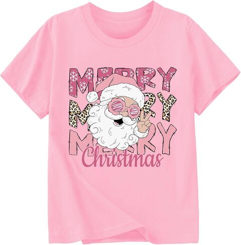 Christmas Shirts for Girls Xmas Santa Graphic Tshirts Cotton Short Sleeve Tee 2-12 Years in Saudi Arabia