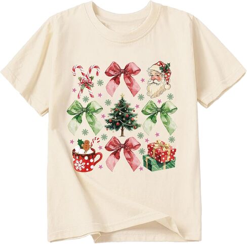 Christmas Shirts for Girls Xmas Santa Graphic Tshirts Cotton Short Sleeve Tee 2-12 Years in Saudi Arabia