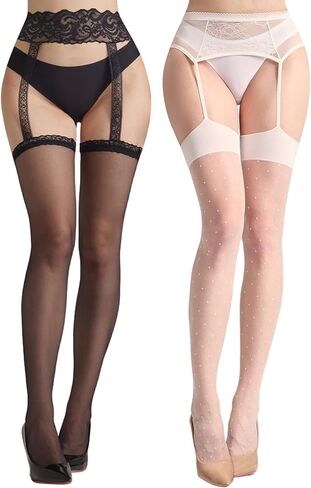 2 Pairs Womens Patterned Garter Tights Lace Suspender Pantyhose Sheer Thigh High Stockings in Saudi Arabia