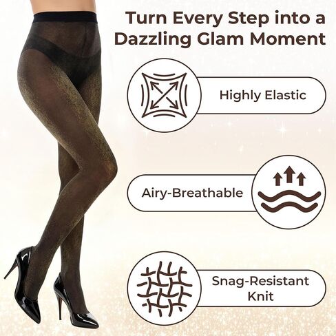 Women's Sparkly Metallic Shimmer Tights - 20D Glitter Pantyhose, 2 Pairs (Black/Gold & Black/Silver) in Saudi Arabia