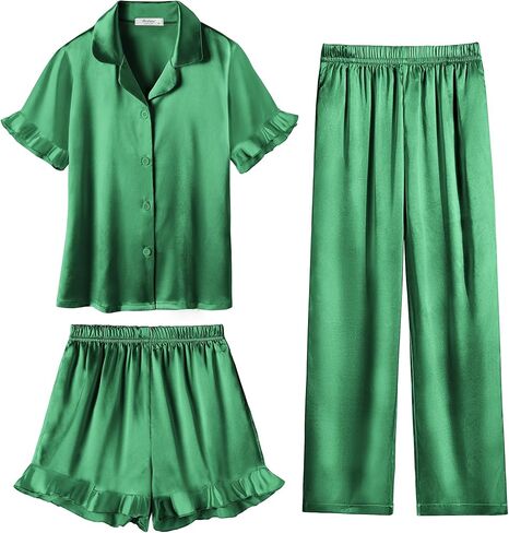 Arshiner Girls Pajamas Sets 3 Piece Silk Pjs Short Sleeve Sleepwear Satin Ruffle Nightwear in Saudi Arabia