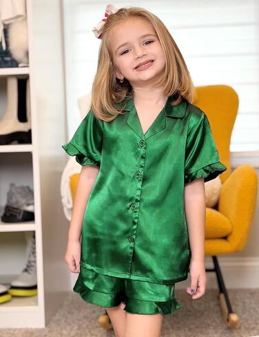 Arshiner Girls Pajamas Sets 3 Piece Silk Pjs Short Sleeve Sleepwear Satin Ruffle Nightwear in Saudi Arabia
