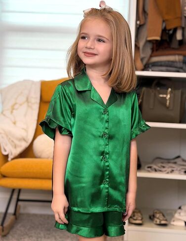Arshiner Girls Pajamas Sets 3 Piece Silk Pjs Short Sleeve Sleepwear Satin Ruffle Nightwear in Saudi Arabia