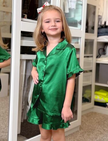 Arshiner Girls Pajamas Sets 3 Piece Silk Pjs Short Sleeve Sleepwear Satin Ruffle Nightwear in Saudi Arabia
