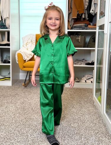 Arshiner Girls Pajamas Sets 3 Piece Silk Pjs Short Sleeve Sleepwear Satin Ruffle Nightwear in Saudi Arabia