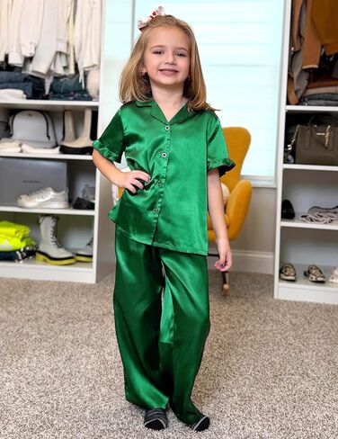 Arshiner Girls Pajamas Sets 3 Piece Silk Pjs Short Sleeve Sleepwear Satin Ruffle Nightwear in Saudi Arabia