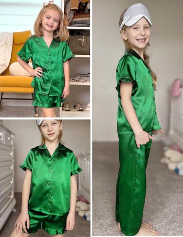 Arshiner Girls Pajamas Sets 3 Piece Silk Pjs Short Sleeve Sleepwear Satin Ruffle Nightwear in Saudi Arabia
