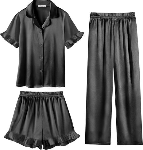 Arshiner Girls Pajamas Sets 3 Piece Silk Pjs Short Sleeve Sleepwear Satin Ruffle Nightwear in Saudi Arabia