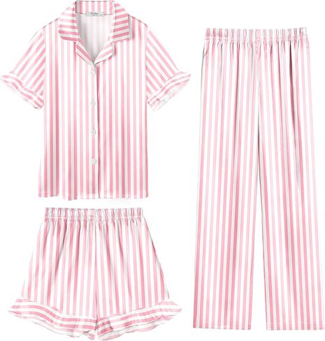 Arshiner Girls Pajamas Sets 3 Piece Silk Pjs Short Sleeve Sleepwear Satin Ruffle Nightwear in Saudi Arabia