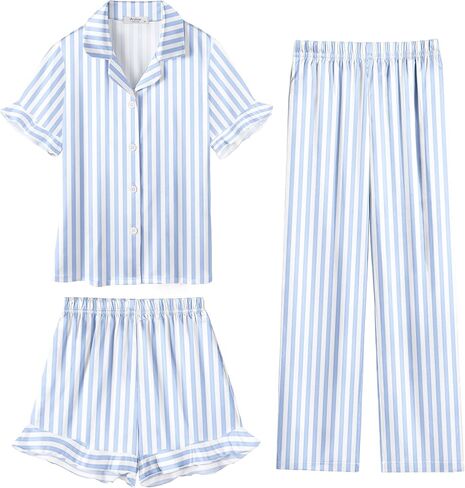 Arshiner Girls Pajamas Sets 3 Piece Silk Pjs Short Sleeve Sleepwear Satin Ruffle Nightwear in Saudi Arabia