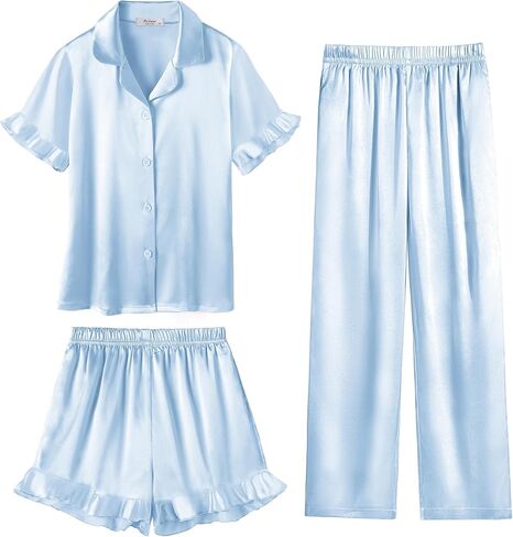 Arshiner Girls Pajamas Sets 3 Piece Silk Pjs Short Sleeve Sleepwear Satin Ruffle Nightwear in Saudi Arabia
