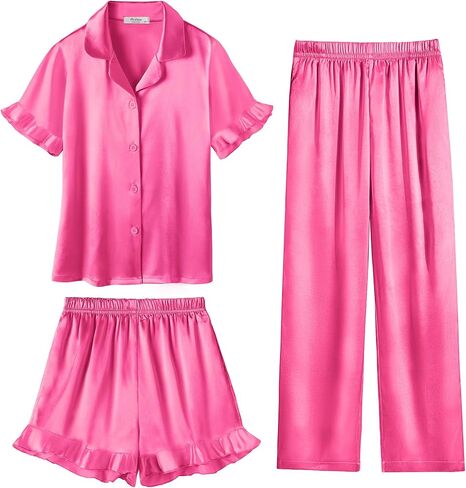 Arshiner Girls Pajamas Sets 3 Piece Silk Pjs Short Sleeve Sleepwear Satin Ruffle Nightwear in Saudi Arabia