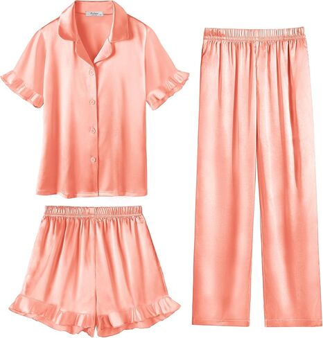 Arshiner Girls Pajamas Sets 3 Piece Silk Pjs Short Sleeve Sleepwear Satin Ruffle Nightwear in Saudi Arabia