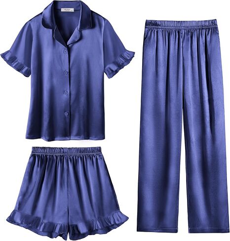 Arshiner Girls Pajamas Sets 3 Piece Silk Pjs Short Sleeve Sleepwear Satin Ruffle Nightwear in Saudi Arabia