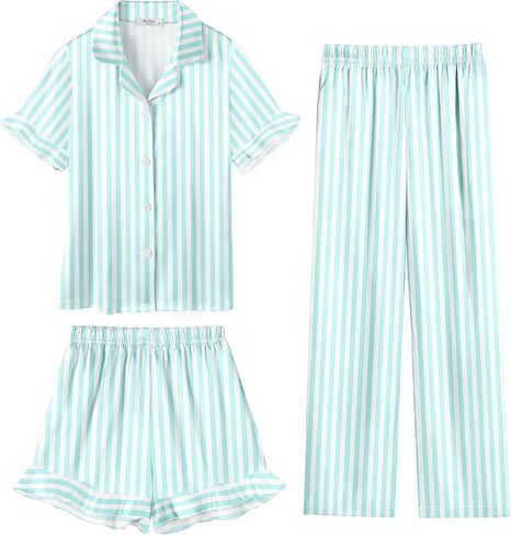 Arshiner Girls Pajamas Sets 3 Piece Silk Pjs Short Sleeve Sleepwear Satin Ruffle Nightwear in Saudi Arabia