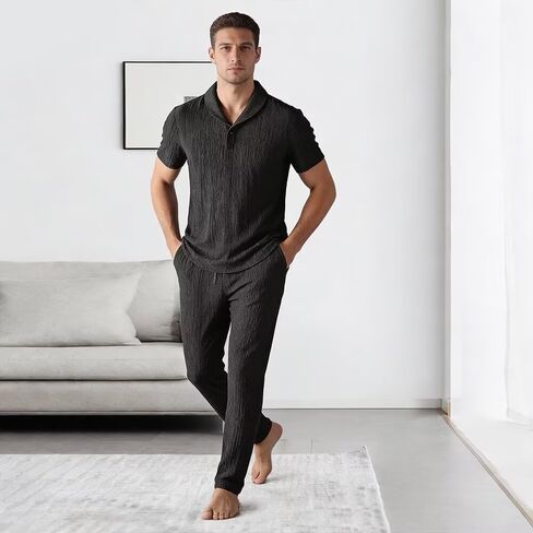 Men's Summer 2-Piece Shirt & Pants Set | Lightweight Breathable Short Sleeve Pleated Top Elastic Waist Trousers in Saudi Arabia