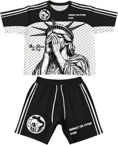 Men's Short Sets Outfits 2 Piece Polka Dots Graphic Oversized Tshirts and Side Striped Shorts Tracksuits in Saudi Arabia