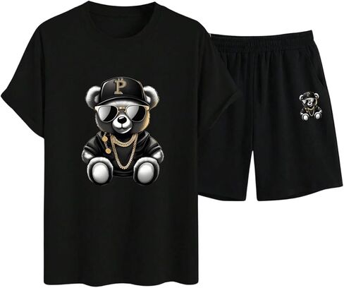 Men's Track Suits 2 Piece Set Short Sleeve Bear Graphic T-shirts and Running Shorts Gym Clothes in Saudi Arabia