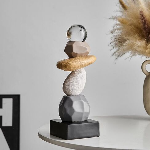 FJS Modern Fake Stone Sculpture Decor for Living Room, Black and White Stacked Statue for Coffee Table Centerpiece, Resin Sculptures for TV Stand Shelf Bookshelf Decorations, Gifts for Good Luck in Saudi Arabia