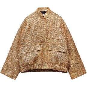 Metal Color Sequin Woven Jacket For Women Loose Stand Collar Long Sleeve Coat Gold 2023 Autumn Winter Chic Female Outwear in Kuwait