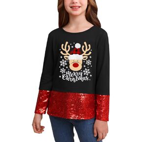 Toddler Girl's Christmas Sequin Long Sleeve Printed Sparkly Shirt Xmas Cute Casual Top Black Reindeer 6 Years in Kuwait