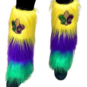 أغطية أحذية Mardi Gras Fuzzy Leg Warmers الملونة من الفرو الصناعي مع Fleur de Lis باللون الأرجواني والأخضر والذهبي لملابس المهرجانات in Kuwait