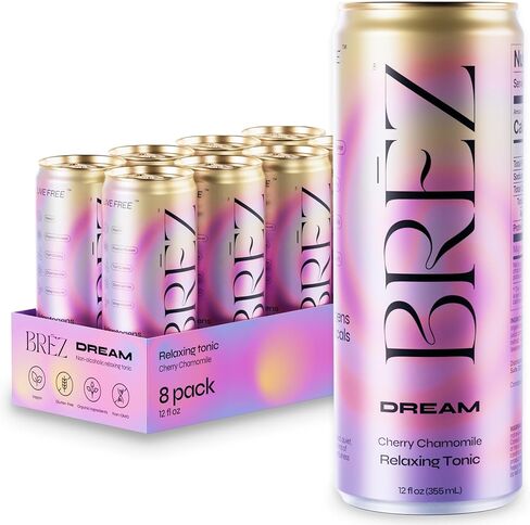 BRĒZ Dream Reishi Mushroom Drink, Non-Infused Relaxing Tonic with Reishi, Chamomile, Tart Cherry, Magnesium & L-Theanine, Vegan Adaptogen Drink for Sleep, Calm & Mood, 12 fl oz - 8 Pack in Saudi Arabia
