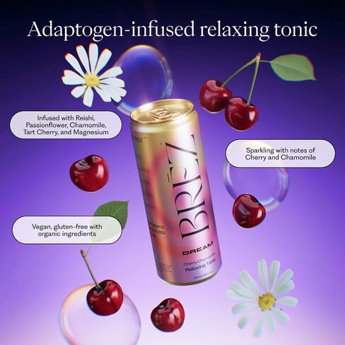 BRĒZ Dream Reishi Mushroom Drink, Non-Infused Relaxing Tonic with Reishi, Chamomile, Tart Cherry, Magnesium & L-Theanine, Vegan Adaptogen Drink for Sleep, Calm & Mood, 12 fl oz - 8 Pack in Saudi Arabia