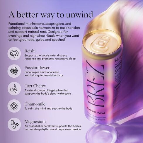 BRĒZ Dream Reishi Mushroom Drink, Non-Infused Relaxing Tonic with Reishi, Chamomile, Tart Cherry, Magnesium & L-Theanine, Vegan Adaptogen Drink for Sleep, Calm & Mood, 12 fl oz - 8 Pack in Saudi Arabia