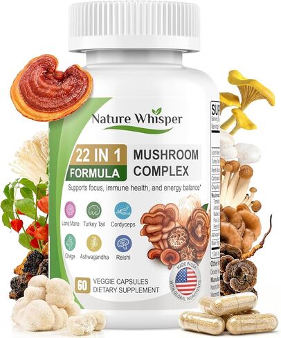 22 in 1 Lions Mane Mushroom Supplement with Ashwagandha | Black Pepper for Wellness Support, Mushrooms Complex with Turkey, Tail, Reishi, Cordyceps, Chaga, Maitake & More - 60 Capsules in Saudi Arabia