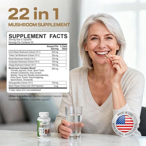 22 in 1 Lions Mane Mushroom Supplement with Ashwagandha | Black Pepper for Wellness Support, Mushrooms Complex with Turkey, Tail, Reishi, Cordyceps, Chaga, Maitake & More - 60 Capsules in Saudi Arabia